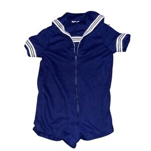 Vintage Navy Blue Sailor Romper Oxford 2 piece set  Best 24m 2T Nautical 70s 80s
